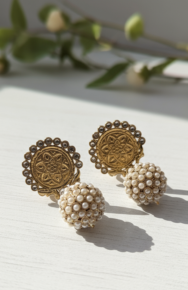 Ornate Gold Medallion & Pearl Jhoomar Drop Earrings