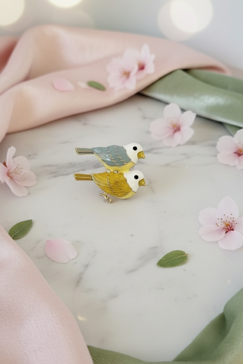 Yellow & Gray Enamel Bird Duo Brooch Pin
