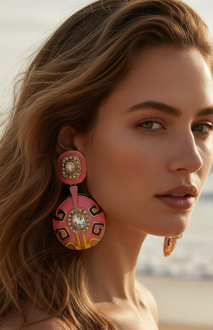 Bold Pink Enamel & Crystal Art Deco Drop Earrings