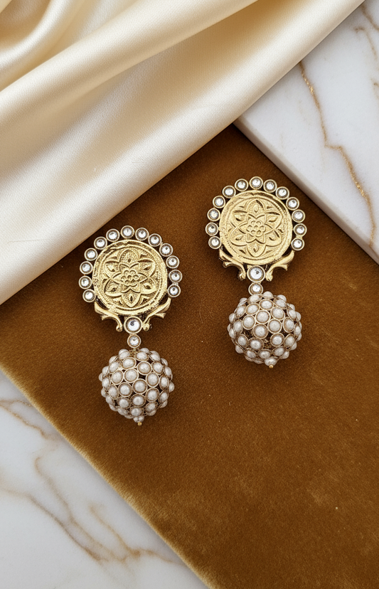 Ornate Gold Medallion & Pearl Jhoomar Drop Earrings