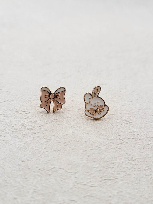 Bunny and Bow Mismatched Stud Earrings - Mirae 