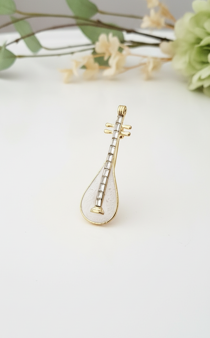 Crystal Baguette & White Enamel Sitar Brooch Pin
