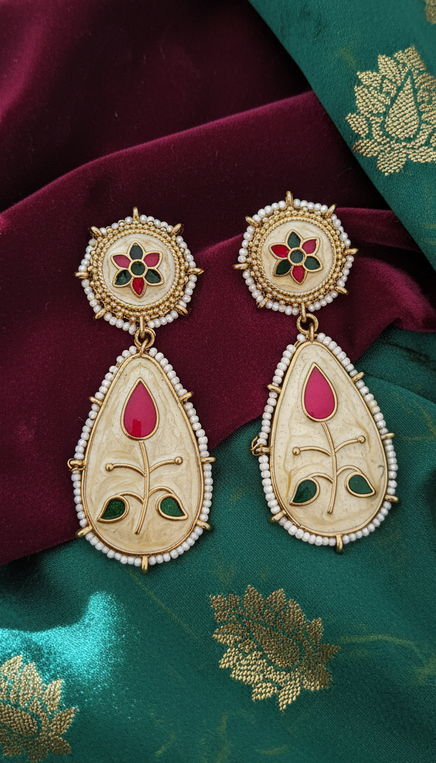 Mughal Lotus Enamel & Pearl Drop Earrings