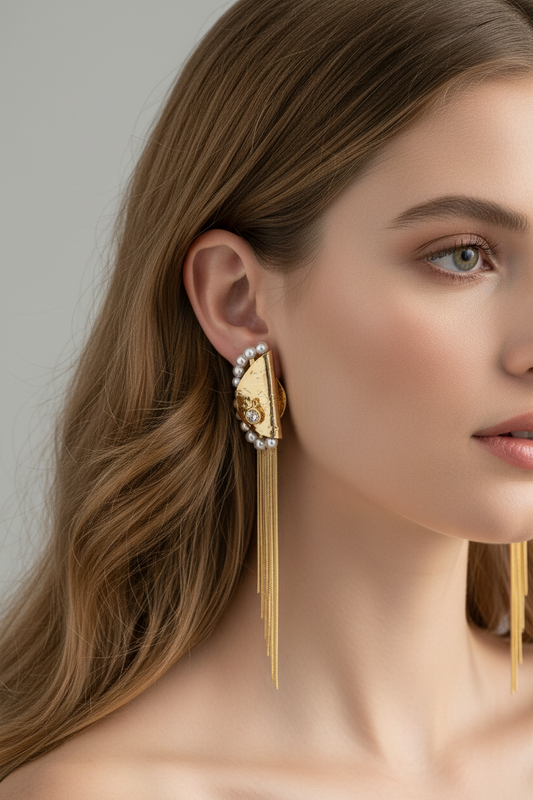 Lunar Cascade Gold & Pearl Tassel Earrings