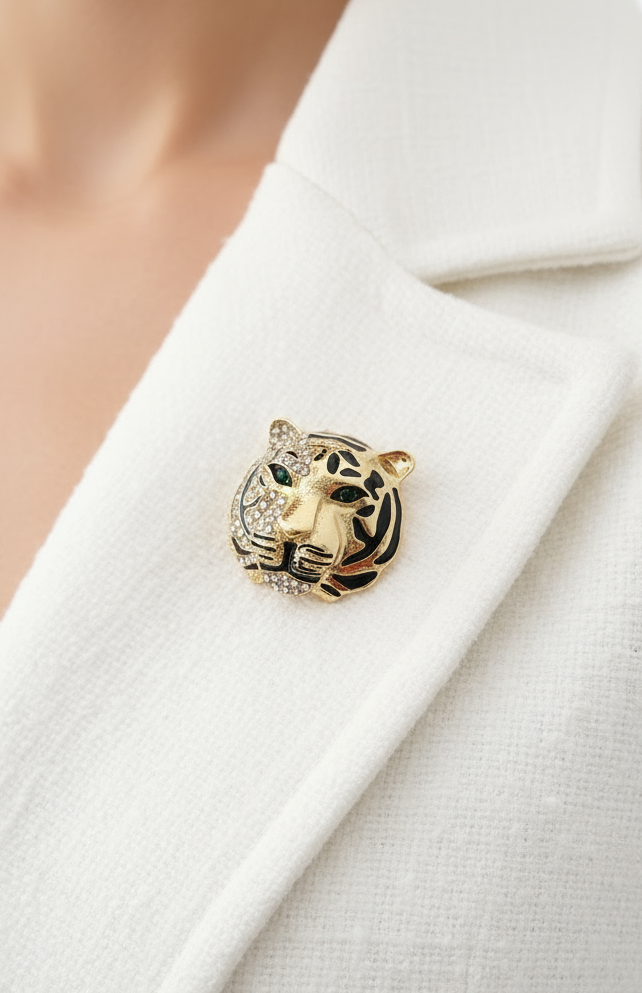 Majestic Crystal & Enamel Tiger Head Brooch
