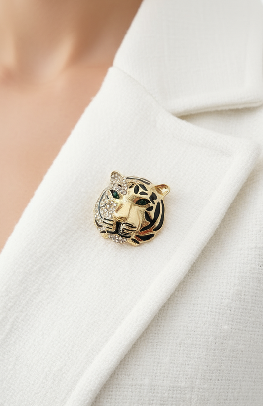 Majestic Crystal & Enamel Tiger Head Brooch