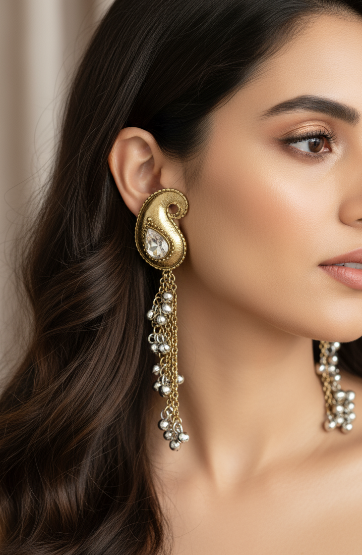 Antique Gold Paisley & Mixed Metal Ghungroo Chain Earrings