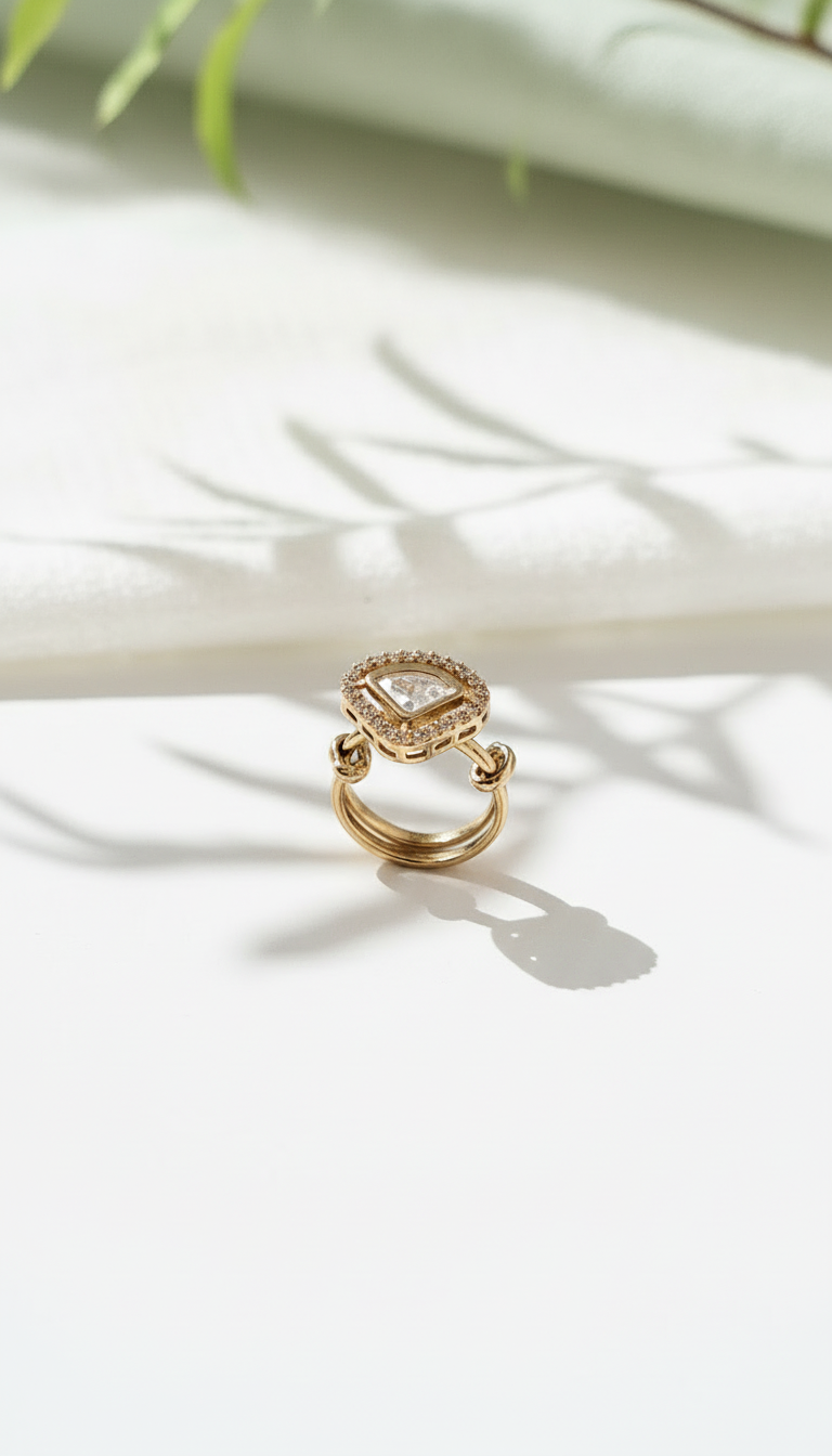 Antique Gold Geometric Crystal Ring