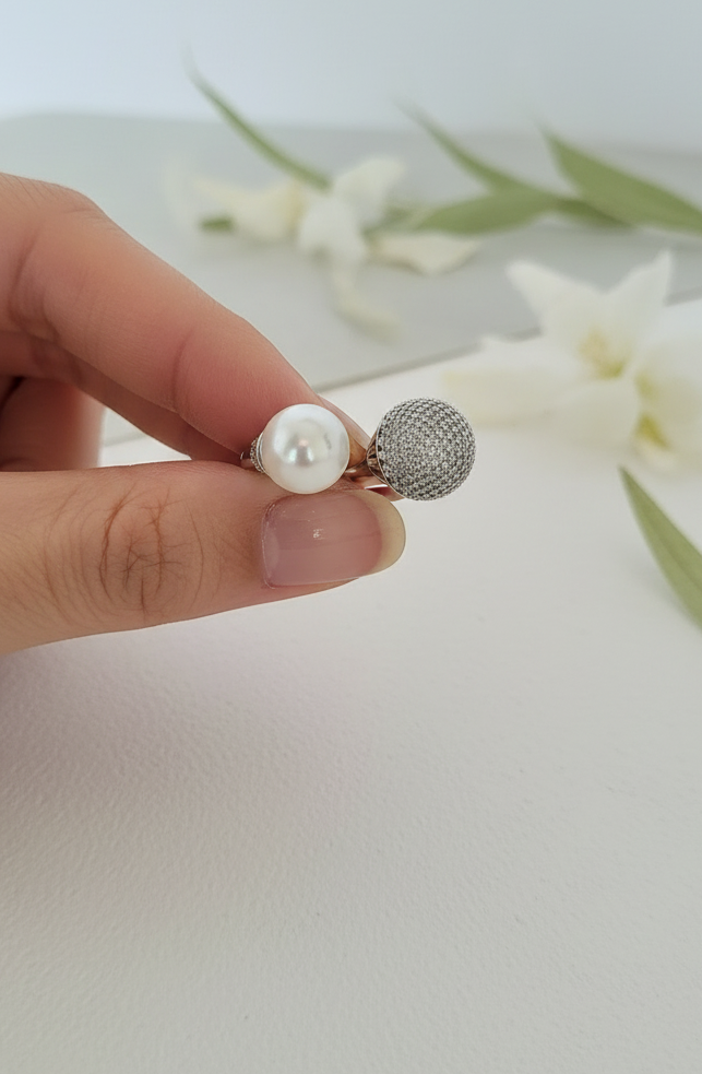 The Duality Pearl & Pavé Open Ring