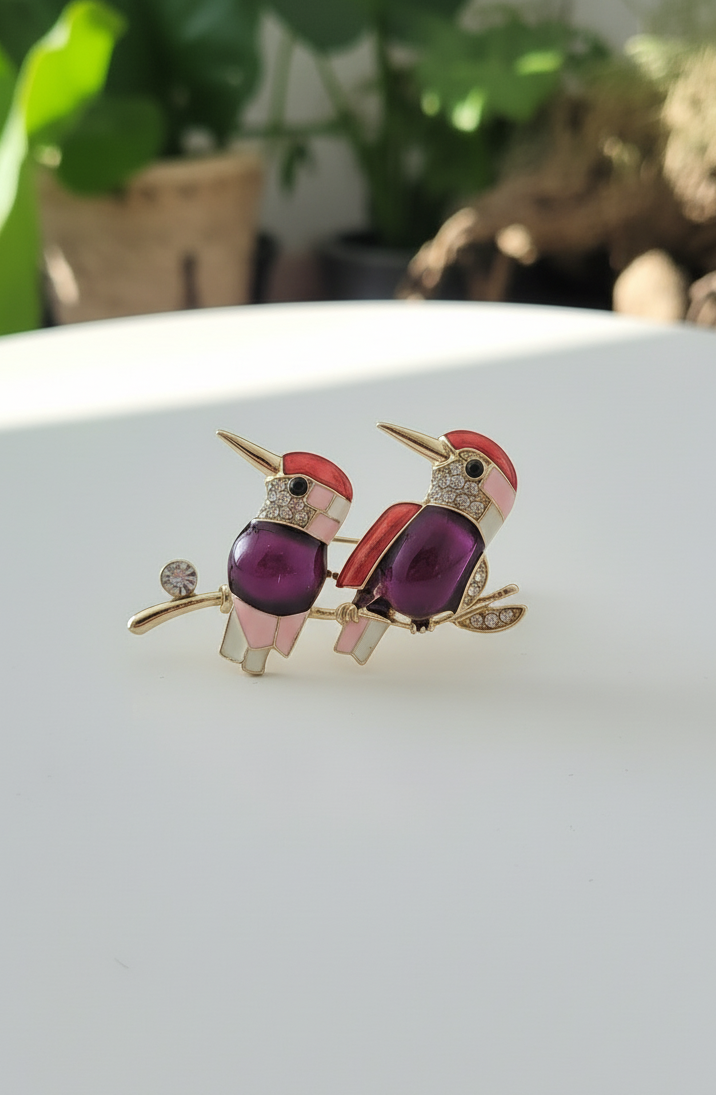 Jeweled Ruby & Pink Enamel Bird Duo Brooch