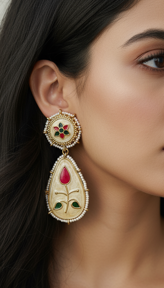 Mughal Lotus Enamel & Pearl Drop Earrings