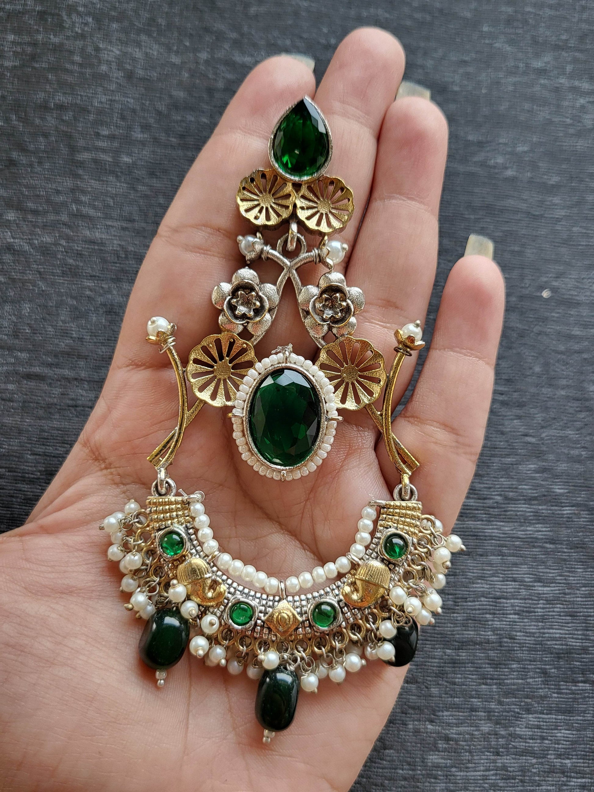 Two-Tone Dangle Earrings with colored Stones and Pearl Accents - Mirae 