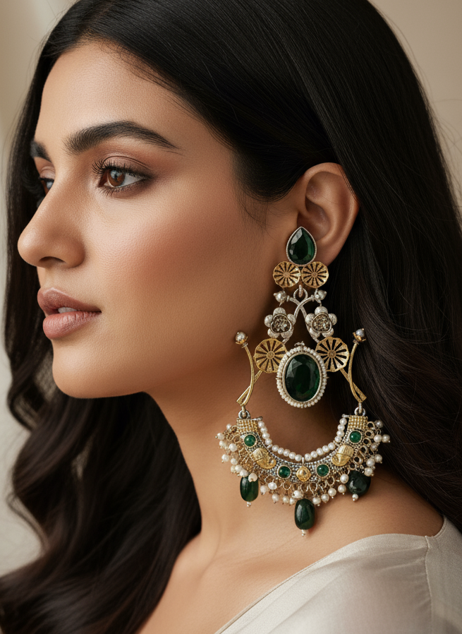 Two-Tone Dangle Earrings with colored Stones and Pearl Accents