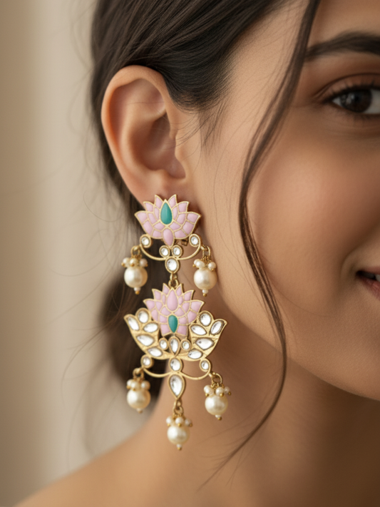 Pink Lotus Kundan Pearl Drop Earrings